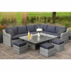 'Peony' Luxury Rattan 9 Seater Garden Sofa Set with Rectangular Rising Table and Footstools in Pebble by Primrose Living -Garden Furniture Shop 9 Seater Rectangular Rising Table Footstools 5 8653