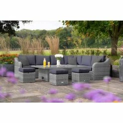 'Peony' Luxury Rattan 9 Seater Garden Sofa Set with Rectangular Rising Table and Footstools in Pebble by Primrose Living -Garden Furniture Shop 9 Seater Rectangular Rising Table Footstools 6 4089
