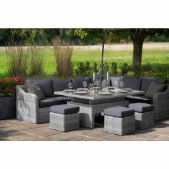 'Peony' Luxury Rattan 9 Seater Garden Sofa Set with Rectangular Rising Table and Footstools in Pebble by Primrose Living -Garden Furniture Shop 9 Seater Rectangular Rising Table Footstools 9 1517