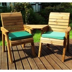 Wooden Garden Love Seat with Green Cushions and Fitted Cover