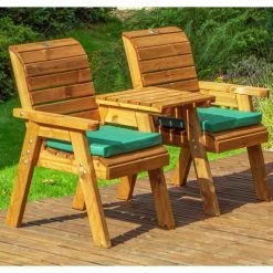 Charles Taylor Wooden Garden Twin Companion Set with Green Cushions and Fitted Cover