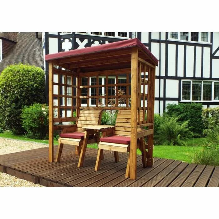 Charles Taylor Wooden Garden Henley Twin Seat Arbour with Burgundy Cushions 2 Charles Taylor Wooden Garden Henley Twin Seat Arbour with Burgundy Cushions - Image 2