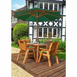Charles Taylor Wooden Garden 4 Seater Round Table Dining Set with Green Cushions and Parasol