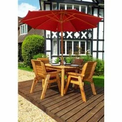 Charles Taylor Wooden Garden 4 Seater Rectangle Table Dining Set with Burgundy Cushions and Parasol