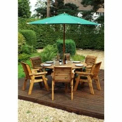 Charles Taylor Wooden Garden 6 Seater Round Table Dining Set with Green Cushions and Parasol
