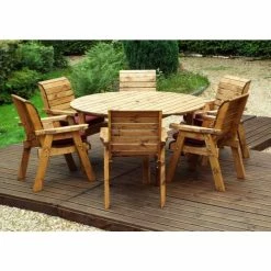 Charles Taylor Wooden Garden 6 Seater Round Table Dining Set with Burgundy Cushions and Parasol -Garden Furniture Shop FU101676 add image 1 cf88