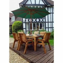 Charles Taylor Wooden Garden 6 Seater Rectangle Table Dining Set with Green Cushions and Parasol