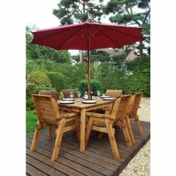 Charles Taylor Wooden Garden 6 Seater Rectangle Table Dining Set with Burgundy Cushions and Parasol -Garden Furniture Shop FU101678 add image 1 357f