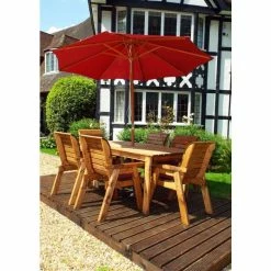 Charles Taylor Wooden Garden 6 Seater Rectangle Table Dining Set with Burgundy Cushions and Parasol