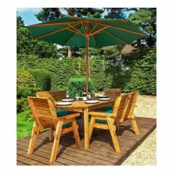 Charles Taylor Wooden Garden 6 Seater Rectangle Table Dining Bench Set with Green Cushions and Parasol