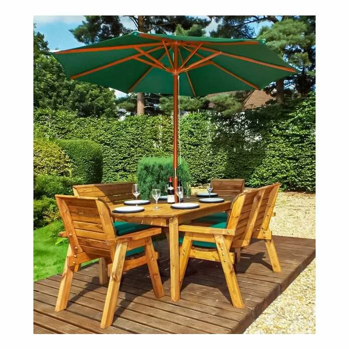 Charles Taylor Wooden Garden 6 Seater Rectangle Table Dining Bench Set with Green Cushions and Parasol 1 Charles Taylor Wooden Garden 6 Seater Rectangle Table Dining Bench Set with Green Cushions and Parasol