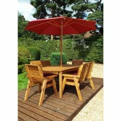 Charles Taylor Wooden Garden 6 Seater Rectangle Table Dining Bench Set with Burgundy Cushions and Parasol -Garden Furniture Shop FU101680 add image 1 867e