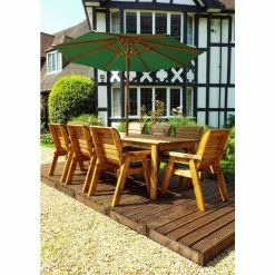Charles Taylor Wooden Garden 8 Seater Rectangle Table Dining Set with Green Cushions and Parasol