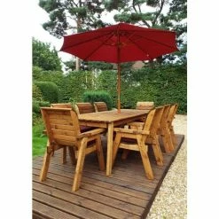 Charles Taylor Wooden Garden 8 Seater Rectangle Table Dining Set with Burgundy Cushions and Parasol -Garden Furniture Shop FU101684 add image 1 1deb