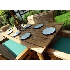 Charles Taylor Wooden Garden 8 Seater Rectangle Table Dining Bench Set with Green Cushions and Parasol -Garden Furniture Shop FU101685 add image 1 633d