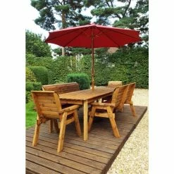 Charles Taylor Wooden Garden 8 Seater Rectangle Table Dining Bench Set with Burgundy Cushions and Parasol -Garden Furniture Shop FU101686 add image 1 a137
