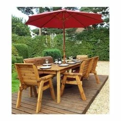 Charles Taylor Wooden Garden 8 Seater Rectangle Table Dining Bench Set with Burgundy Cushions and Parasol