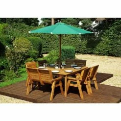 Charles Taylor Wooden Garden 8 Seater Square Table Dining Chair and Bench Set with Green Cushions and Parasol -Garden Furniture Shop FU101687 add image 1 86af