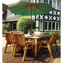 Charles Taylor Wooden Garden 8 Seater Square Table Dining Chair and Bench Set with Green Cushions and Parasol