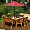 Charles Taylor Wooden Garden 8 Seater Square Table Dining Chair and Bench Set with Burgundy Cushions and Parasol