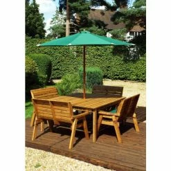 Wooden Garden Eight Seater Table Dining Bench Set with Green Cushions and Parasol 5 Wooden Garden Eight Seater Table Dining Bench Set with Green Cushions and Parasol -Garden Furniture Shop FU101689 add image 1 0fba