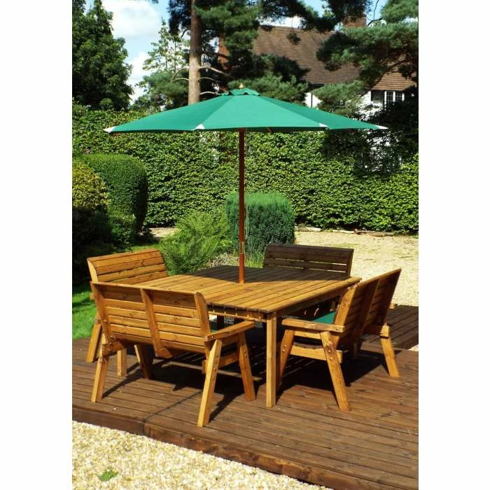 Wooden Garden Eight Seater Table Dining Bench Set with Green Cushions and Parasol 3 Wooden Garden Eight Seater Table Dining Bench Set with Green Cushions and Parasol - Image 3