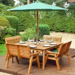 Wooden Garden Eight Seater Table Dining Bench Set with Green Cushions and Parasol