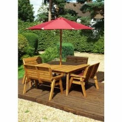Charles Taylor Wooden Garden 8 Seater Square Table Dining Bench Set with Burgundy Cushions and Parasol -Garden Furniture Shop FU101690 add image 1 d65c