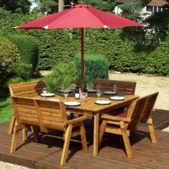 Charles Taylor Wooden Garden 8 Seater Square Table Dining Bench Set with Burgundy Cushions and Parasol
