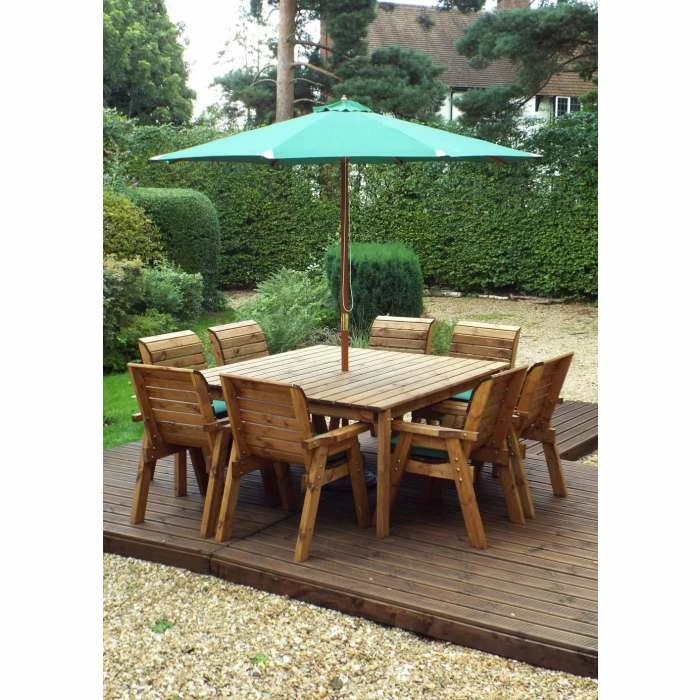 Wooden Eight Seater Square Garden Dining Set with Green Parasol and Cushions 3 Wooden Eight Seater Square Garden Dining Set with Green Parasol and Cushions - Image 3