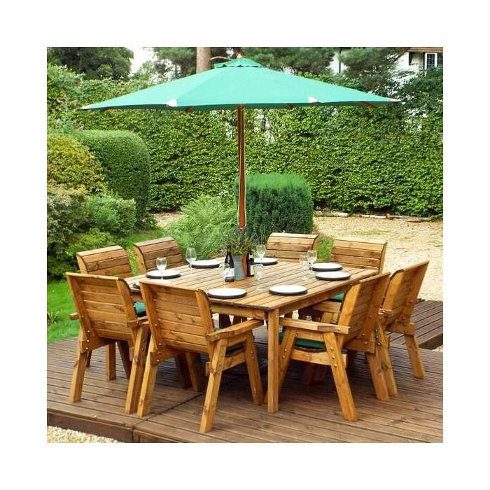 Wooden Eight Seater Square Garden Dining Set with Green Parasol and Cushions 1 Wooden Eight Seater Square Garden Dining Set with Green Parasol and Cushions