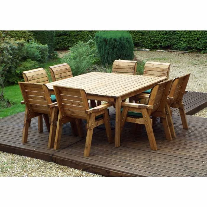 Wooden Eight Seater Square Garden Dining Set with Green Parasol and Cushions 2 Wooden Eight Seater Square Garden Dining Set with Green Parasol and Cushions - Image 2