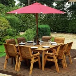 Charles Taylor Wooden Garden 8 Seater Square Table Dining Chair Set with Burgundy Cushions and Parasol