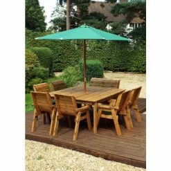 Charles Taylor Wooden Garden 8 Seater Square Table Dining Chair Set and Bench with Green Cushions and Parasol -Garden Furniture Shop FU101693 add image 1 30ea