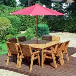Charles Taylor Wooden Garden 8 Seater Square Table Dining Chair Set and Bench with Burgundy Cushions and Parasol -Garden Furniture Shop FU101694 add image 1 1f91