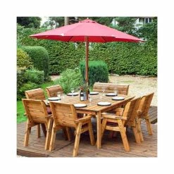 Charles Taylor Wooden Garden 8 Seater Square Table Dining Chair Set and Bench with Burgundy Cushions and Parasol