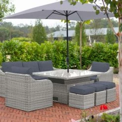 'Peony' Luxury Rattan 8 Seater Garden Sofa Set with Rectangular Rising Table and Parasol in Pebble by Primrose Living -Garden Furniture Shop FU102232 PRI1296 Primrose Furniture Un Cropped 67 FU102232copy dde7