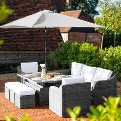 'Peony' Luxury Rattan 8 Seater Modular Garden Sofa Set with Rectangular Rising Table and Parasol in Stone by Primrose Living -Garden Furniture Shop FU102257 3 c741