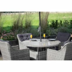 Luxury Rattan 4 Seater Circular Garden Dining Set in Pebble by Primrose Living -Garden Furniture Shop FU102386 Light Grey FullSetClose 0e6f