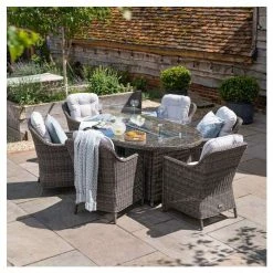 Luxury Rattan 6 Seater Oval Fire Pit Table Garden Dining Set in Stone by Primrose Living