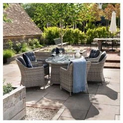 Luxury Rattan 6 Seater Oval Fire Pit Garden Dining Set in Pebble by Primrose Living -Garden Furniture Shop FU102396 3 2b37