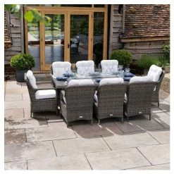 Luxury Rattan 8 Seater Rectangular Fire Pit Table Garden Dining set in Stone by Primrose Living -Garden Furniture Shop FU102398 3 86c3