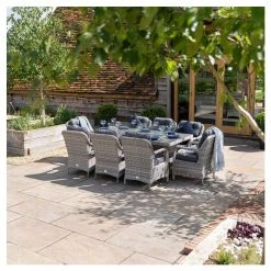 Luxury Rattan 8 Seater Rectangular Fire Pit Garden Dining Set in Pebble by Primrose Living -Garden Furniture Shop FU102399 5 3443