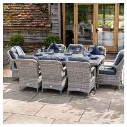 Luxury Rattan 8 Seater Rectangular Fire Pit Garden Dining Set in Pebble by Primrose Living