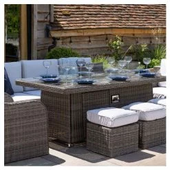 'Peony' Luxury Rattan 8 Seater Garden Sofa Set with Rectangular Fire Pit Table and Stools in Stone by Primrose Living -Garden Furniture Shop FU102401 2 f173