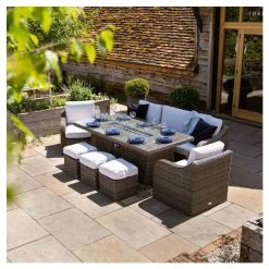 'Peony' Luxury Rattan 8 Seater Garden Sofa Set with Rectangular Fire Pit Table and Stools in Stone by Primrose Living -Garden Furniture Shop FU102401 6 4584