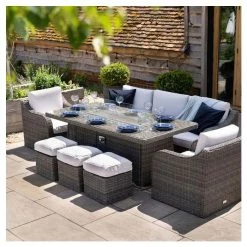 'Peony' Luxury Rattan 8 Seater Garden Sofa Set with Rectangular Fire Pit Table and Stools in Stone by Primrose Living