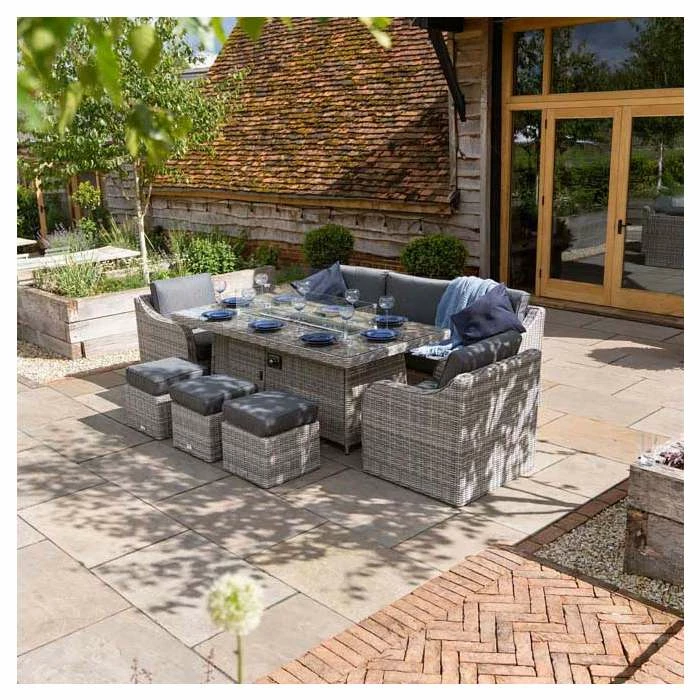 'Peony' Luxury Rattan 8 Seater Garden Sofa Set with Rectangular Fire Pit Table and Stools in Pebble by Primrose Living 2 'Peony' Luxury Rattan 8 Seater Garden Sofa Set with Rectangular Fire Pit Table and Stools in Pebble by Primrose Living - Image 2
