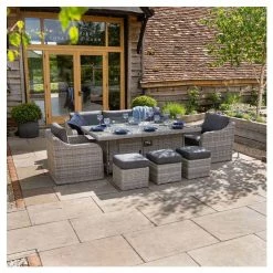 'Peony' Luxury Rattan 8 Seater Garden Sofa Set with Rectangular Fire Pit Table and Stools in Pebble by Primrose Living