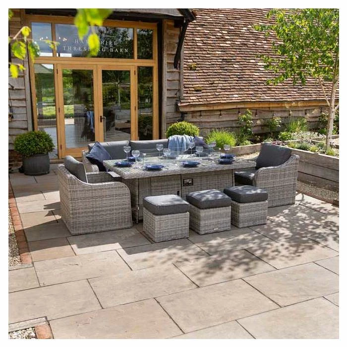 'Peony' Luxury Rattan 8 Seater Garden Sofa Set with Rectangular Fire Pit Table and Stools in Pebble by Primrose Living 1 'Peony' Luxury Rattan 8 Seater Garden Sofa Set with Rectangular Fire Pit Table and Stools in Pebble by Primrose Living